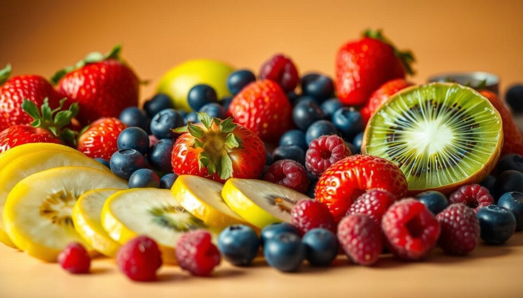 Diabète et fruits : lesquels choisir et en quelle quantité 1 A vibrant still life featuring a selection of diabetic-friendly fruits, illuminated by soft, natural lighting. In the foreground, an array of juicy strawberries, blueberries, and kiwi slices, their colors and textures meticulously captured. In the middle ground, a scattering of green apple slices and a handful of raspberries, their low glycemic index clearly visible. The background is a warm, neutral tone, allowing the fruits to take center stage. The composition is balanced and aesthetically pleasing, conveying the idea of healthy, diabetic-appropriate fruit choices. The image is crisp, well-focused, and evokes a sense of freshness and vitality.
