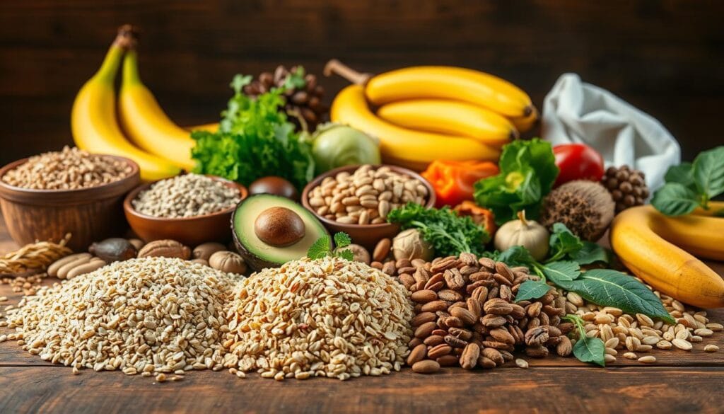 Comment prendre du poids rapidement en 3 jours : méthodes saines 2 A vibrant still life scene showcasing a selection of high-calorie, nutrient-dense foods arranged on a rustic wooden table. In the foreground, a variety of whole grains, including quinoa, brown rice, and oats, are elegantly displayed. The middle ground features an assortment of healthy fats, such as avocados, nuts, and seeds, while the background is adorned with a vibrant array of fresh fruits and vegetables, such as bananas, sweet potatoes, and leafy greens. The lighting is warm and inviting, casting a soft glow over the scene and emphasizing the natural textures and colors of the ingredients. The overall composition is both visually appealing and representative of the strategic, healthy strategies for gaining weight quickly.