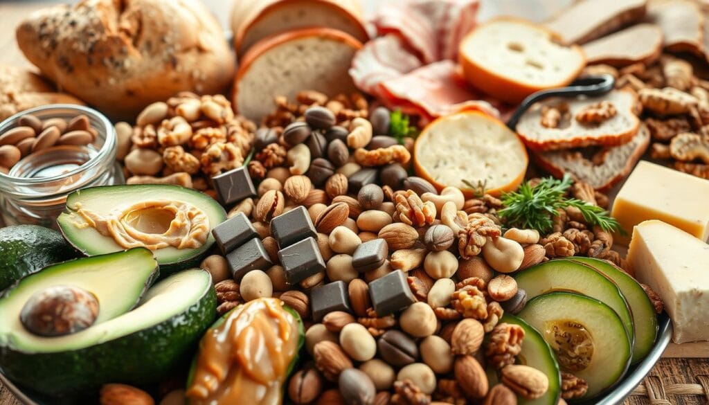 Comment prendre du poids rapidement en 3 jours : méthodes saines 1 A vibrant still life showcasing a diverse array of high-calorie, nutrient-dense foods. In the foreground, a platter overflows with luscious avocados, creamy peanut butter, and decadent dark chocolate. The middle ground features a variety of nuts, including almonds, cashews, and walnuts, along with a drizzle of honey and a sprinkle of seeds. In the background, hearty whole grain breads, dense protein-rich meats, and rich, creamy cheeses create a balanced, visually appealing composition. Warm, natural lighting casts a soft glow, highlighting the sumptuous textures and vibrant colors of this calorie-dense spread, perfect for fueling rapid weight gain through a healthy, nutritious approach.