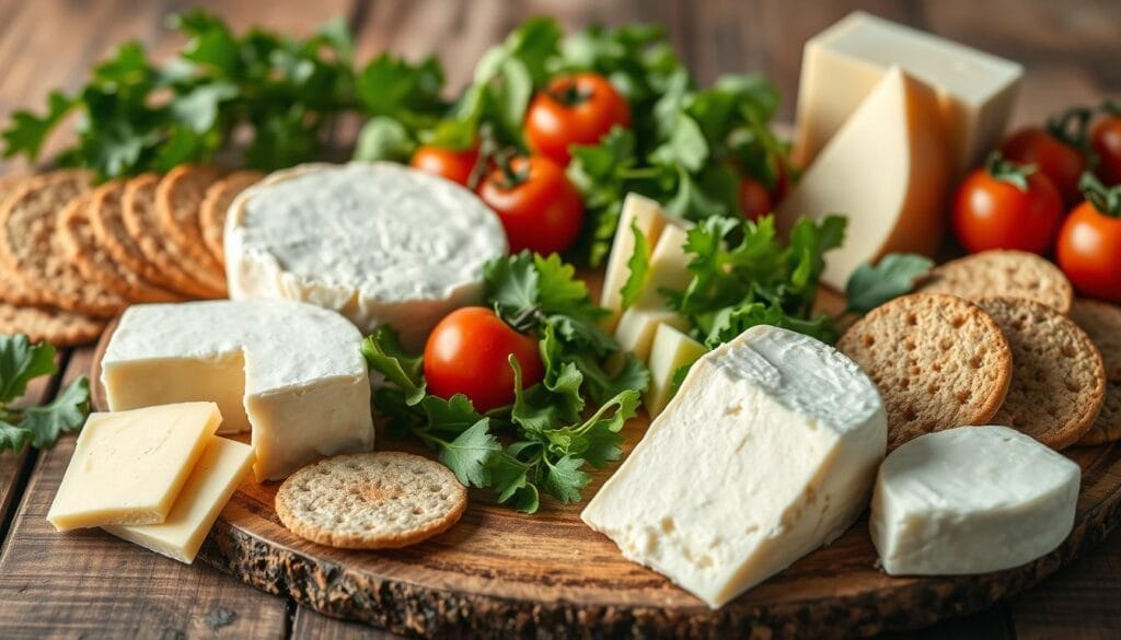 Fromage le moins calorique : top 10 pour garder la ligne 2 A well-balanced meal of light, creamy cheeses arranged on a rustic wooden table, with a mix of fresh greens, tomatoes, and whole-grain crackers. The lighting is soft and natural, casting a warm, inviting glow on the scene. The cheeses are carefully selected to provide a variety of flavors and textures, complementing the fresh produce and whole-grain elements. The overall composition conveys a sense of healthfulness, simplicity, and a mindful approach to eating.