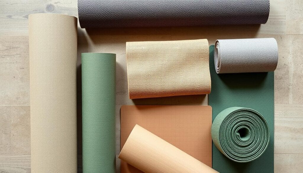 Kaizenly : avis, efficacité et guide d'utilisation 1 A well-lit, high-quality image showcasing an assortment of eco-friendly yoga mats arranged in a comparative layout. The mats should be photographed from an overhead angle, creating a clean, minimalist composition that highlights their distinct materials, textures, and colors. The mats should be placed on a neutral, natural-toned surface, such as wood or stone, to emphasize their organic and sustainable qualities. Subtle shadows and soft, diffused lighting should be used to create depth and dimension, while maintaining a crisp, detailed representation of the mats' features. The overall mood should convey a sense of tranquility, wellness, and environmental consciousness.