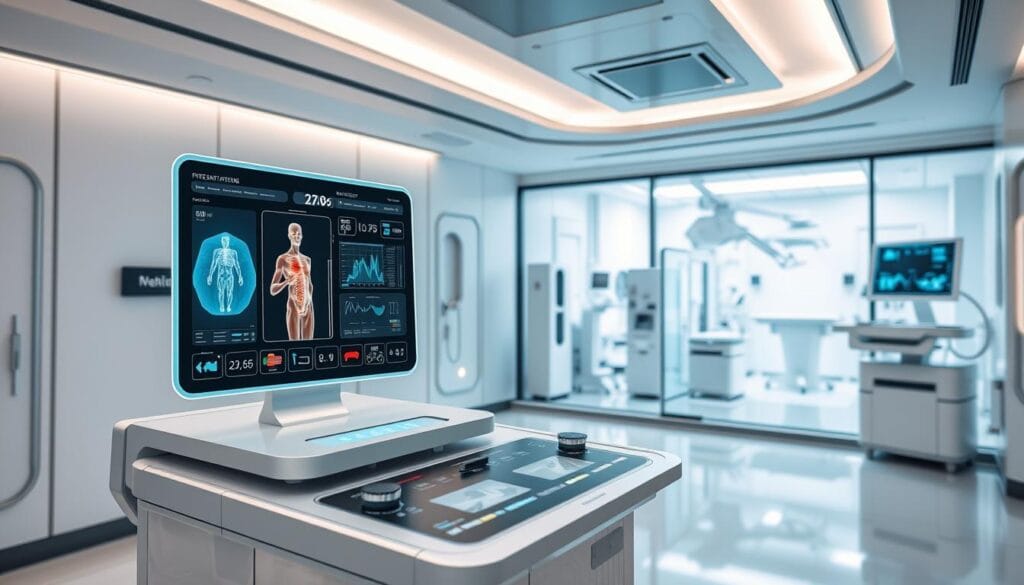 MediSysNet : connexion portail et services médicaux 1 An advanced, sleek medical platform with a futuristic user interface and intuitive controls. In the foreground, a holographic display showcases real-time patient data and treatment options. The middle ground features a minimalist, chrome-accented console with touch-sensitive controls and diagnostic readouts. In the background, a panoramic window reveals a modern, high-tech medical facility with state-of-the-art equipment and pristine, sterile environments. Soft, indirect lighting creates a calming, professional atmosphere, while the overall design exudes a sense of innovation, efficiency, and patient-centric care.