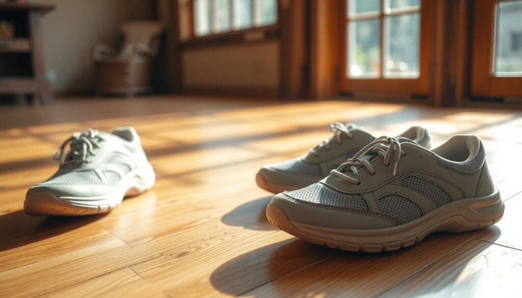 Nerf sural : anatomie, pathologies et traitements 3 Comfortable and supportive orthopedic shoes on a wooden floor, illuminated by soft, natural lighting from a large window. The shoes are designed to alleviate foot pain, featuring cushioned soles, arch support, and a neutral color palette that blends seamlessly into the warm, rustic interior. The composition emphasizes the importance of proper footwear in maintaining foot health and daily comfort, as part of a holistic approach to managing sural nerve-related conditions.