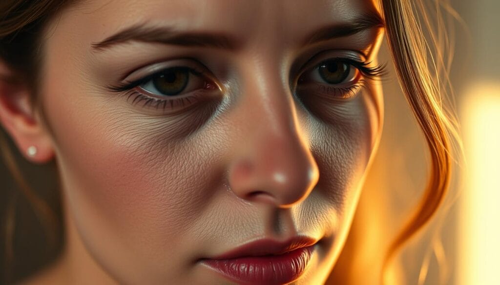 Goût métallique et fatigue : 8 causes possibles 2 Detailed illustration of a woman's face, with a prominent pallor and darkened undereye circles, conveying signs of nutritional deficiency and hormonal imbalance. Soft, muted tones create an intimate, introspective atmosphere. The subject's gaze is pensive, reflecting the internal impacts of her condition. Warm, diffused lighting from the side gently illuminates her features, creating subtle shadows that accentuate the subtle changes in her complexion. Tight framing focuses the viewer's attention on the nuanced details that characterize the "metallic taste and fatigue" resulting from hormonal and nutritional factors.