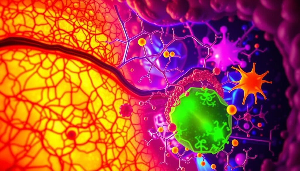 Changement d'odeur corporelle : signe précoce de cancer ? 1 Detailed microscopic scene showcasing the biological mechanisms and metabolic processes involved in cancer-related body odor changes. A cross-section of human skin and underlying tissue layers, with highlighted areas of interest such as sweat glands, sebaceous glands, and olfactory receptors. Intricate, vibrant colors depict the complex biochemical reactions, molecular pathways, and metabolic shifts associated with the altered odorant production. Warm, diffused lighting illuminates the scene, creating a sense of scientific exploration and medical investigation. The composition emphasizes the interconnected nature of these biological systems, inviting the viewer to delve deeper into the mechanisms underlying this potential early cancer indicator.