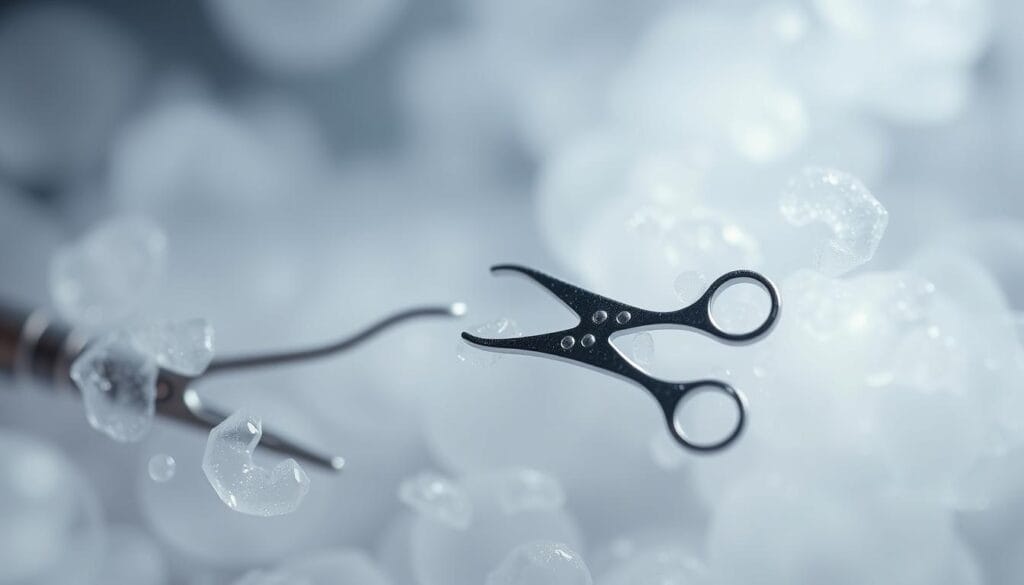 Cœlioscopie : définition, avantages et déroulement 3 Miniature surgical instruments enveloped in a soft, hazy glow of carbon dioxide gas. A detailed close-up view, captured with a macro lens, showcasing the intricate design and precise craftsmanship of these delicate tools. The instruments appear to float weightlessly, suspended in a visually captivating and clinically sterile environment. Subtle shadows and highlights accentuate the curves and angles, conveying a sense of depth and dimensionality. The overall mood is one of technical precision and medical proficiency, perfectly suited to illustrate the principles and techniques of coelioscopie.