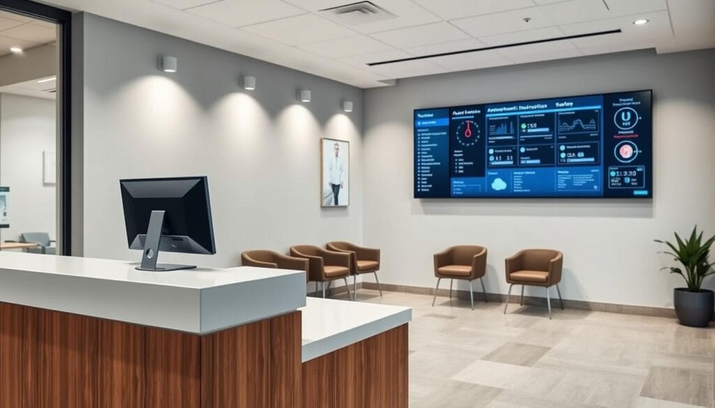 MgRendezVous : plateforme médicale et prise de RDV 3 Optimised digital medical office, with a modern, clean interior design. The receptionist's desk in the foreground features a sleek, minimalist aesthetic, with a large touchscreen monitor and streamlined computer setup. The middle ground showcases a spacious, well-lit waiting area with comfortable seating and warm, earthy tones. In the background, a wall-mounted display showcases digital appointment scheduling and patient information systems, highlighting the efficient, technology-driven nature of the medical practice. Soft, diffused lighting creates a calming, professional atmosphere, while the overall composition conveys a sense of organisation, productivity, and patient-centric care.