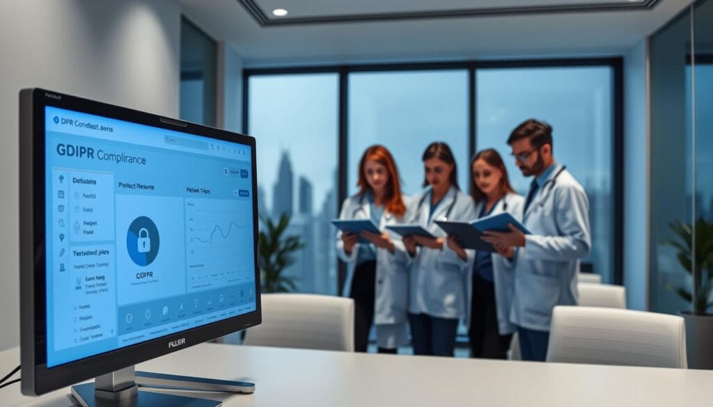 MgRendezVous : plateforme médicale et prise de RDV 2 Prompt A sleek, modern office interior with clean lines and minimalist design. In the foreground, a desktop computer displays a GDPR compliance dashboard, highlighting data security protocols and patient privacy measures. Subtle blue lighting bathes the scene, conveying a sense of professionalism and digital trust. In the middle ground, a team of medical professionals reviews medical records on tablet devices, their expressions focused and attentive. The background features a large window overlooking a cityscape, symbolizing the integration of technology and healthcare. The overall atmosphere is one of secure, cutting-edge medical technology in service of patient wellbeing.