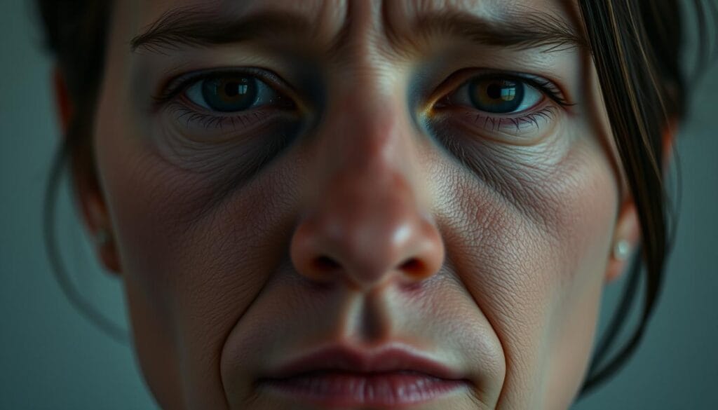 Hyporexie : définition, causes et traitements 1 A close-up portrait of a person's face, displaying the characteristic symptoms of hyporexia - sunken cheeks, hollow eyes, and pale, gaunt skin. The subject's expression is one of exhaustion and disinterest, conveying the psychological impact of the condition. The lighting is soft and diffused, creating a somber, melancholic atmosphere. The background is blurred, placing the focus entirely on the subject's facial features. The image is captured with a medium-range lens, providing a level of intimacy and detail that emphasizes the subject's struggle with hyporexia.