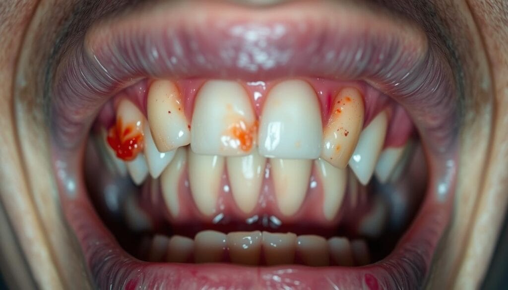 Pulpite : que faire en cas d’inflammation dentaire ? 1 A close-up view of a human mouth, showcasing the upper and lower teeth. The teeth appear inflamed, with reddish-pink gums and visible swelling around the affected areas. The lighting is soft and diffused, highlighting the texture and details of the teeth and gums. The focus is on the problem areas, with a shallow depth of field to draw the viewer's attention to the key symptoms of dental inflammation. The overall mood is one of concern and the need for medical attention, conveying the urgency of the situation.