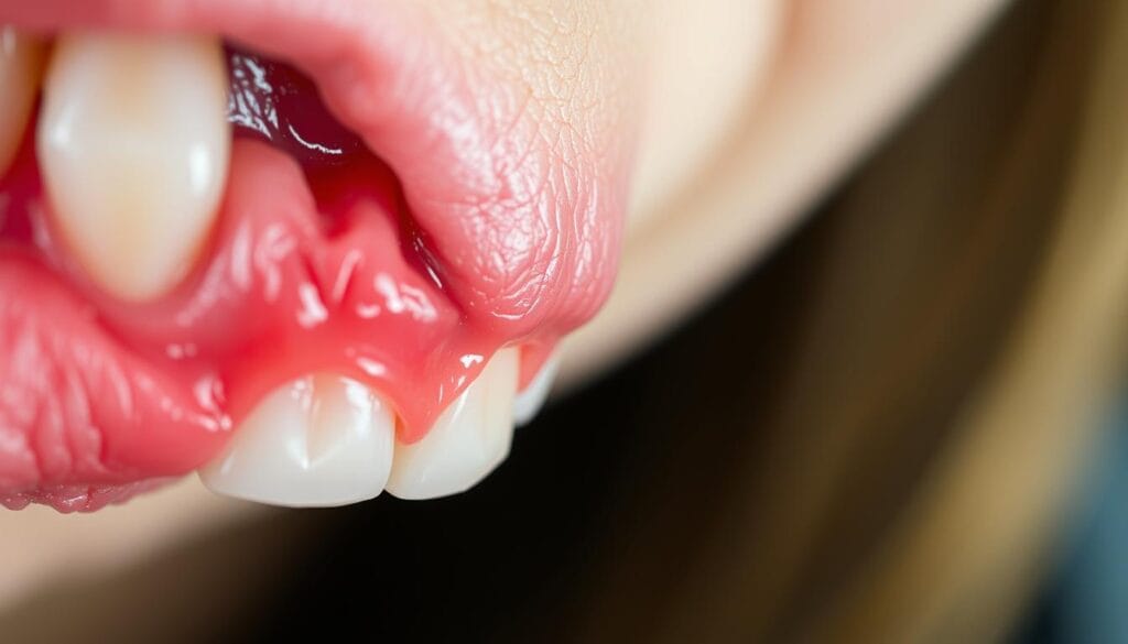 Gingivite : comment la soigner et éviter les récidives 1 A close-up view of a person's gums, showcasing the typical symptoms of gingivitis. The gums appear red, swollen, and inflamed, with visible plaque buildup along the gumline. The lighting is soft and diffused, highlighting the textural details of the gum tissue. The focus is sharp, capturing the intricate patterns and irregularities of the gingival surface. The background is blurred, keeping the attention on the unhealthy gum condition. The overall mood is clinical, emphasizing the medical nature of the subject matter, providing a clear visual reference for the "Signes et symptômes à surveiller" section of the article.