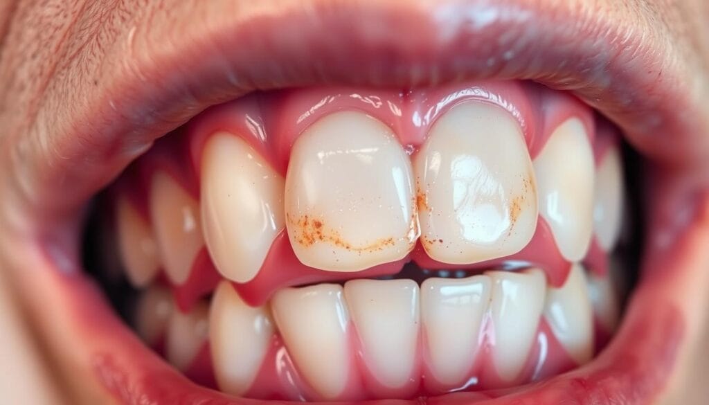 Plaque dentaire : comment l’éliminer naturellement 2 A close-up view of a set of human teeth, with a focus on the gums and enamel. The gums appear inflamed and irritated, with a reddish-purple hue, while the tooth enamel shows signs of discoloration and potential decay. The lighting is soft and diffused, creating a warm, clinical atmosphere. The depth of field is shallow, drawing the viewer's attention to the central area of concern. The image conveys a sense of concern and the need for dental attention, aligning with the subject of the article's section on the risks to oral health.