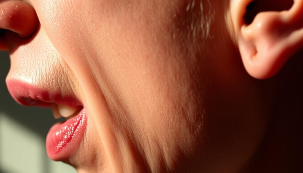 Dent de sagesse : comment calmer la douleur rapidement 1 A close-up view of the side of a human head, showcasing the symptoms of a wisdom tooth pushing through the gums. The skin around the tooth appears reddened, swollen, and irritated, with some visible inflammation. The jaw is slightly open, revealing the partially erupted tooth and the tension in the surrounding tissues. The lighting is soft and directional, casting subtle shadows that accentuate the contours of the face. The focus is sharp on the affected area, while the background is slightly blurred, creating a sense of depth and emphasis on the dental issue. The overall mood is one of discomfort and concern, mirroring the pain and distress often associated with wisdom tooth eruption.