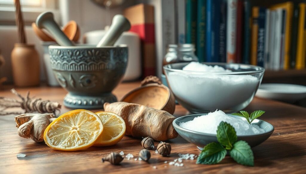Rage de dent : solutions rapides pour soulager la douleur 2 A cozy kitchen counter, the surface cluttered with various natural remedies for toothache relief. Mortar and pestle beside a glass jar filled with herbs, spices, and essential oils. Soft, warm lighting casts a soothing glow, creating an atmosphere of homely comfort. In the foreground, a slice of fresh ginger, a few cloves, and a sprig of peppermint stand ready to be crushed and applied as a natural compress. The middle ground showcases a bowl of warm saltwater, a proven remedy to soothe inflamed gums. In the background, a bookshelf displays natural health and wellness volumes, hinting at the wisdom contained within. This scene evokes a sense of self-care and natural healing, perfectly suited to illustrate the section on home remedies for toothache relief.
