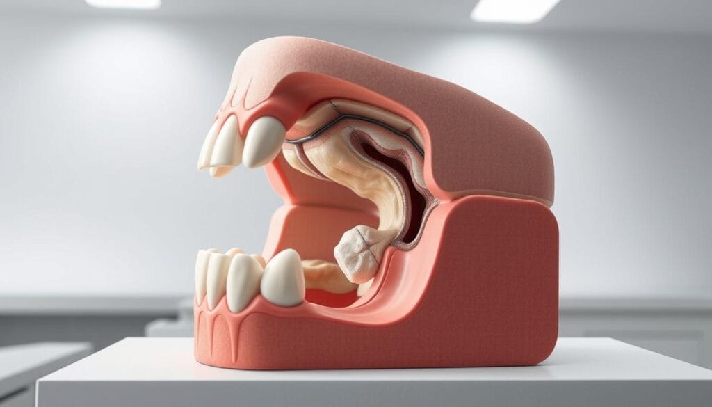 Élévation sinusale : tout savoir sur cette chirurgie 2 A cross-sectional view of a sinus elevation procedure, showcasing the key surgical techniques. In the foreground, a detailed depiction of the maxillary sinus, with the lateral wall and floor clearly visible. In the middle ground, the delicate process of lifting the sinus membrane, exposing the newly created space for bone graft material. The background features a minimalist medical setting, with soft, diffused lighting illuminating the surgical site. The overall mood is one of precision, focus, and clinical professionalism, befitting the technical nature of this specialized dental procedure.
