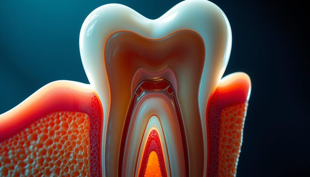Pulpite : que faire en cas d’inflammation dentaire ? 2 A detailed cross-section of the human tooth, showcasing the intricate layers and structures that contribute to dental caries. Crisp, close-up view illuminated by soft, diffused lighting, capturing the texture and subtle colors of the enamel, dentin, and pulp. The image should emphasize the key factors that can lead to tooth decay, such as bacteria, plaque buildup, and poor oral hygiene. A clean, scientific illustration style that conveys the underlying causes of this common dental condition.