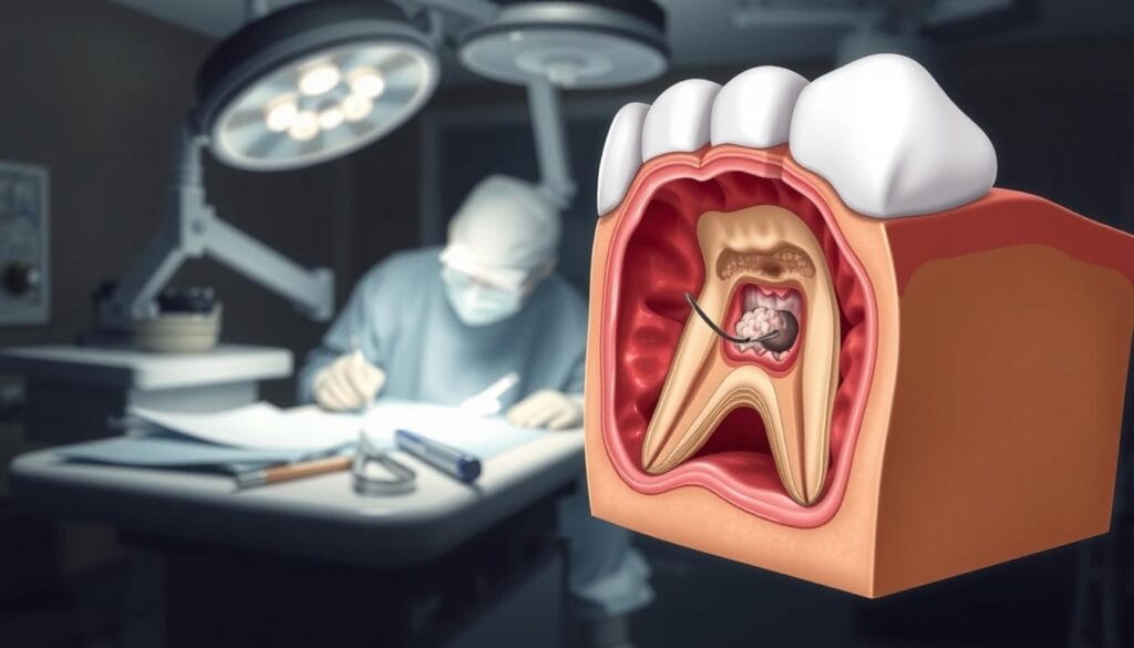 Élévation sinusale : tout savoir sur cette chirurgie 1 A detailed, cross-sectional illustration of a sinus lift procedure. In the foreground, a close-up view of the maxillary sinus cavity, with the bone graft material being carefully placed. In the middle ground, the dentist's surgical tools and instruments, precisely positioned. In the background, a dimly lit operating room with clean, sterile surfaces, conveying a sense of clinical professionalism. Soft, diffused lighting illuminates the scene, casting subtle shadows that accentuate the depth and dimension of the procedure. The overall mood is one of technical expertise, medical precision, and the gravity of the surgical intervention.