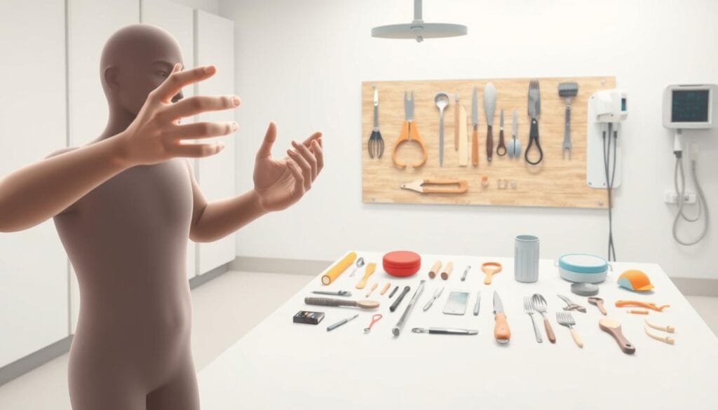 Praxie : définition, troubles et rééducation 1 A detailed illustration of various praxic abilities and their rehabilitation. In the foreground, a human figure performs dexterous hand movements, showcasing fine motor skills and coordination. In the middle ground, a set of objects - tools, utensils, and everyday items - arranged to depict different forms of praxic tasks. The background features a clinical, well-lit setting with medical equipment, suggesting a rehabilitation environment. The scene conveys a sense of focused practice, therapeutic guidance, and the process of relearning and regaining praxic capacities. Soft, neutral tones create a calming, professional atmosphere appropriate for the subject matter.