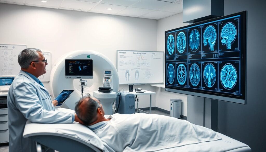 Anosognosie : définition, causes et prise en charge 2 A diagnostic medical imaging suite, with a doctor examining detailed scans on a large high-resolution display. The foreground shows a patient lying on an examination table, undergoing a series of non-invasive tests, with various medical equipment and instruments surrounding them. The middle ground features advanced imaging technology, including MRI, CT, and PET scanners, all bathed in a cool, clinical lighting. In the background, a wall-mounted whiteboard displays technical information, anatomical diagrams, and potential diagnostic insights. The atmosphere conveys a sense of focused professionalism, with the medical team working diligently to uncover early signs of neurological conditions.