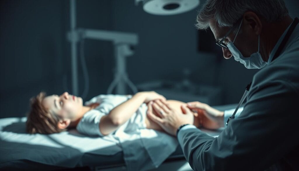 Hyporexie : définition, causes et traitements 2 A dimly lit medical examination room, the patient lying on a clinical table, their expression pensive and troubled. In the foreground, a doctor examines the patient's abdomen, their brow furrowed in concentration. Medical instruments and diagnostic equipment surround them, casting long shadows across the scene. The background is blurred, emphasizing the intense focus on the diagnostic process. The atmosphere is one of concern and careful analysis, as the medical team works to uncover the underlying cause of the patient's condition. Soft, muted lighting illuminates the scene, lending an air of seriousness and professionalism to the proceedings.
