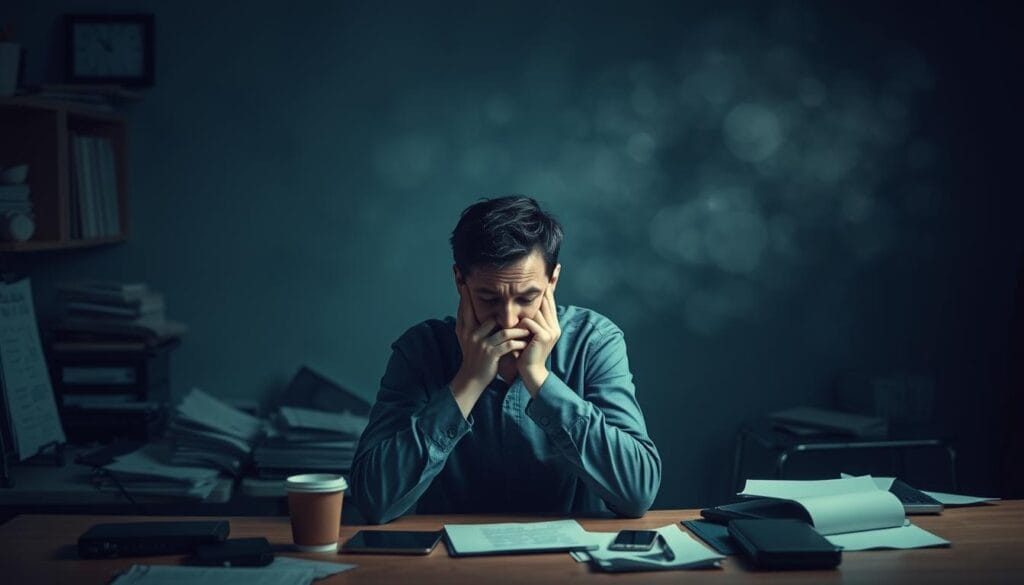 Syndrome dysexécutif : symptômes, causes et prise en charge 1 A dimly lit scene depicting the symptoms of dysexecutive syndrome. In the foreground, a person struggles to organize their thoughts, their face etched with frustration as they stare at a cluttered desk. The middle ground shows the person's daily activities in disarray - a forgotten to-do list, spilled coffee, and a tangle of electronic devices. In the background, a hazy, dreamlike representation of the person's cognitive impairments - disjointed memories, fragmented decision-making, and a sense of being overwhelmed. Soft, muted tones create an atmosphere of mental fatigue and difficulty. The overall composition conveys the profound impact of dysexecutive syndrome on an individual's everyday life.