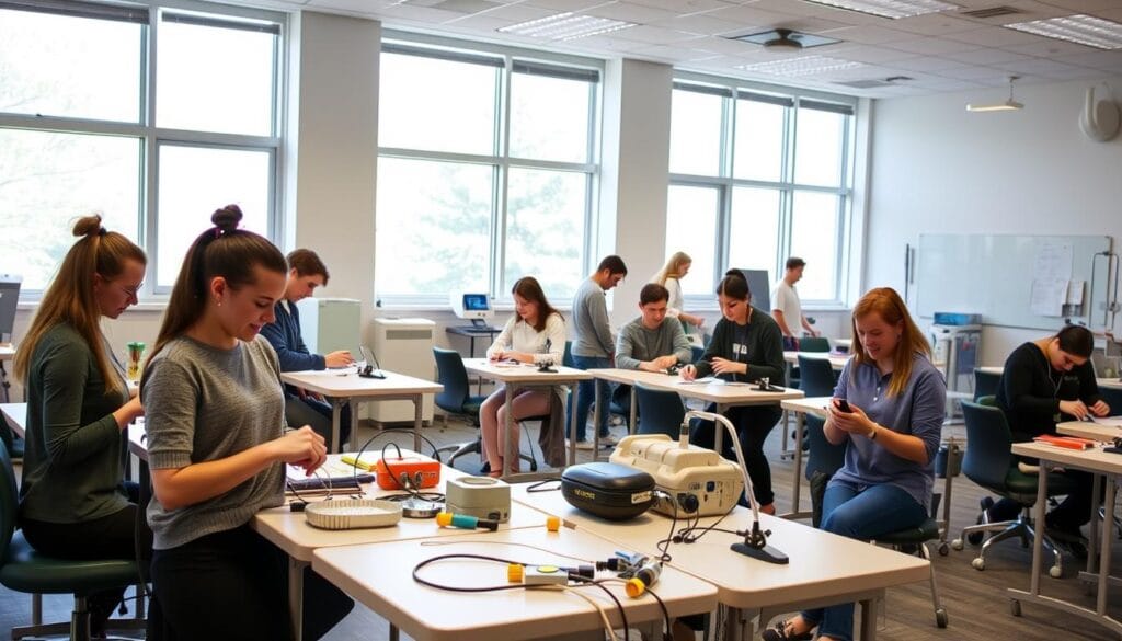 Études d'ergothérapeute : cursus, admission et débouchés 1 A group of occupational therapy students in a modern, well-equipped classroom. In the foreground, students are engaged in hands-on activities, manipulating various therapeutic tools and devices. The middle ground showcases a mix of desks, chairs, and medical equipment, creating an atmosphere of active learning. The background features large windows letting in natural light, with whiteboards and informative displays on the walls. The overall scene conveys a sense of focused collaboration, practical education, and the pursuit of occupational therapy expertise.