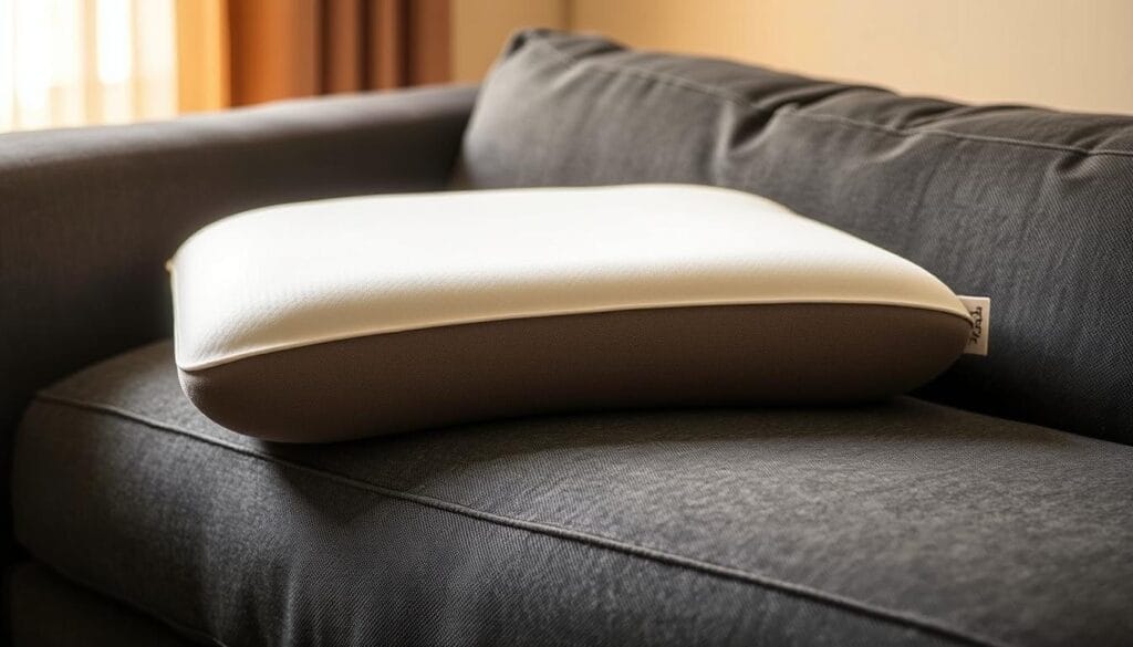 Coussin Derila : notre avis sur le confort et le maintien 2 A memory foam cervical support cushion, nestled atop a plush, charcoal gray sofa. The cushion is crafted from a soft, conforming memory foam, offering gentle cradling support for the neck and shoulders. Warm, diffused lighting casts a soothing glow, accentuating the cushion's subtle contours and lush, velvety texture. The scene exudes a sense of comfort and relaxation, inviting the viewer to envision themselves sinking into the sofa, tension melting away as the cushion molds to the curves of their neck. The image captures the essence of the "Coussin Derila" - a product designed to provide exceptional comfort and support for the user.