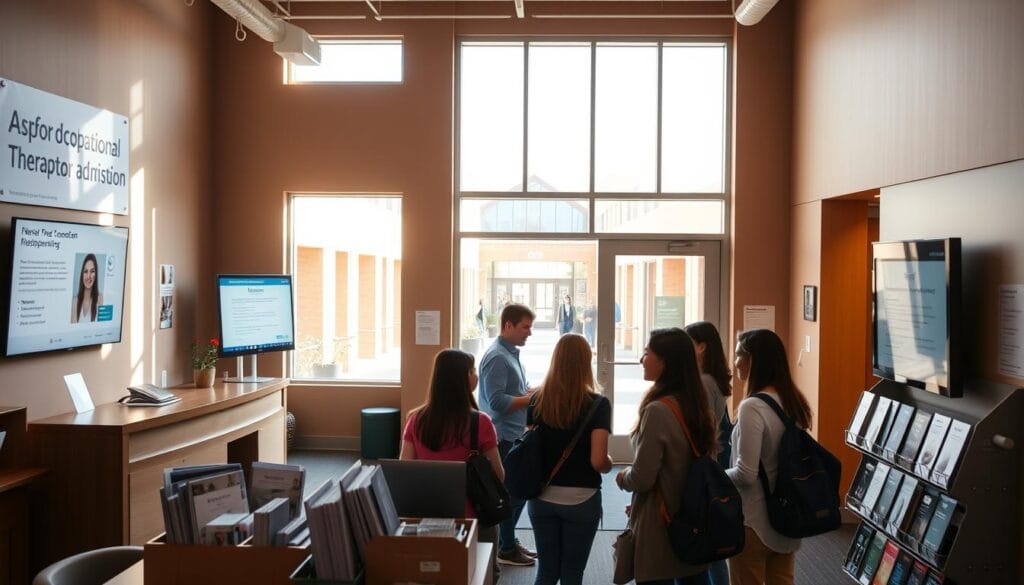 Études d'ergothérapeute : cursus, admission et débouchés 2 A modern and well-equipped occupational therapy admissions office, featuring a reception desk, comfortable seating, and digital displays showcasing program information. The scene is bathed in warm, natural lighting from large windows, creating a welcoming and professional atmosphere. In the foreground, a group of prospective students engage with admissions staff, discussing the application process and program requirements. The middle ground showcases various informational materials, such as brochures and academic calendars, neatly arranged on shelves. The background subtly hints at the broader campus environment, with glimpses of hallways and other academic facilities visible through the open doorway.