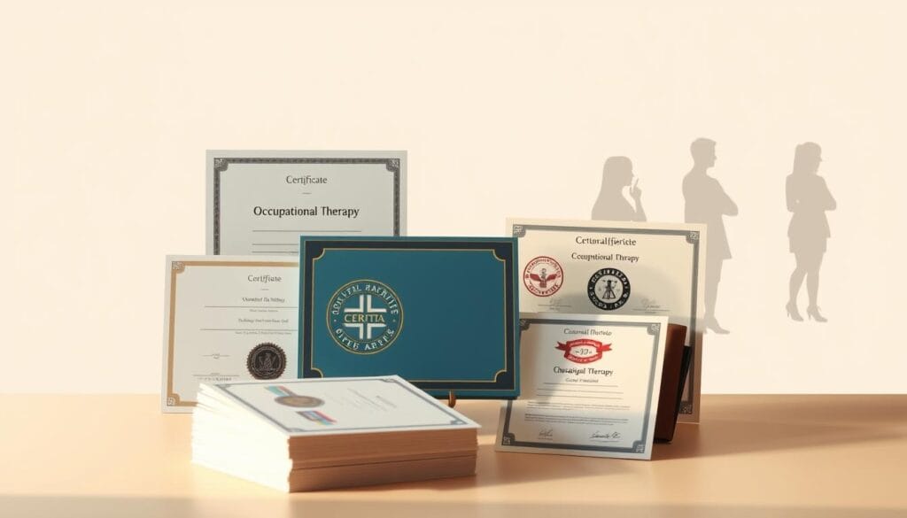 Ergothérapeute près de chez moi : annuaire et tarifs 3 A modern, minimalist illustration showcasing various occupational therapy certifications and accreditations. In the foreground, a stack of realistic-looking certificates, diplomas, and seals arranged in a visually appealing composition. The middle ground features silhouettes of occupational therapists, their poses conveying professionalism and expertise. The background is clean and uncluttered, with muted colors and subtle textures to draw focus to the central elements. Soft, directional lighting casts warm highlights on the certifications, creating depth and dimension. The overall mood is one of authority, credibility, and the validation of specialized knowledge in the field of occupational therapy.