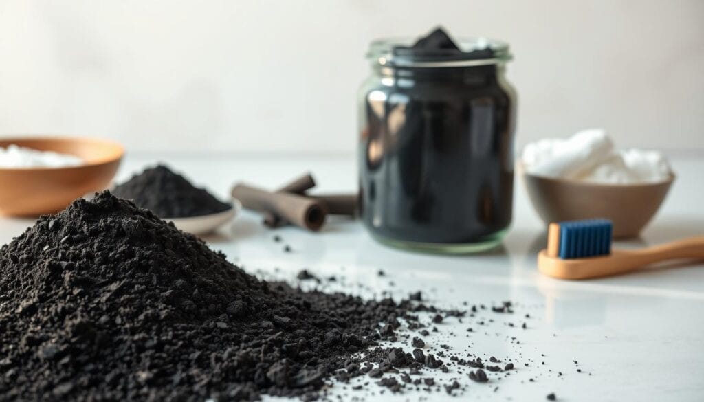 Dents blanches : astuces naturelles et soins efficaces 1 A pristine, close-up shot of a variety of natural dental care products. In the foreground, a pile of charcoal powder, baking soda, and other whitening ingredients spill across a clean, minimalist countertop. The middle ground showcases a glass jar filled with the charcoal dentifrice, reflecting the natural light. In the background, a soft, neutral-toned backdrop creates a calming, spa-like atmosphere. The lighting is soft and diffused, highlighting the organic textures and muted colors of the dental care items. The overall composition conveys a sense of simplicity, purity, and effectiveness, aligning with the article's focus on natural and efficient teeth whitening solutions.
