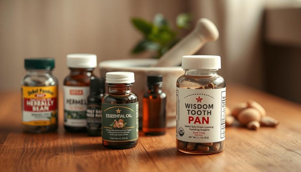 Dent de sagesse : comment calmer la douleur rapidement 2 A serene close-up of natural remedies for wisdom tooth pain, arranged on a wooden surface. In the foreground, a selection of herbal supplements and essential oils, their labels prominently displayed. In the middle ground, a mortar and pestle, hinting at the process of preparing natural pain relief solutions. The background is softly blurred, creating a sense of focus on the healing ingredients. Warm, diffused lighting illuminates the scene, conveying a sense of comfort and tranquility. The overall composition and styling suggest a natural, holistic approach to managing wisdom tooth discomfort.