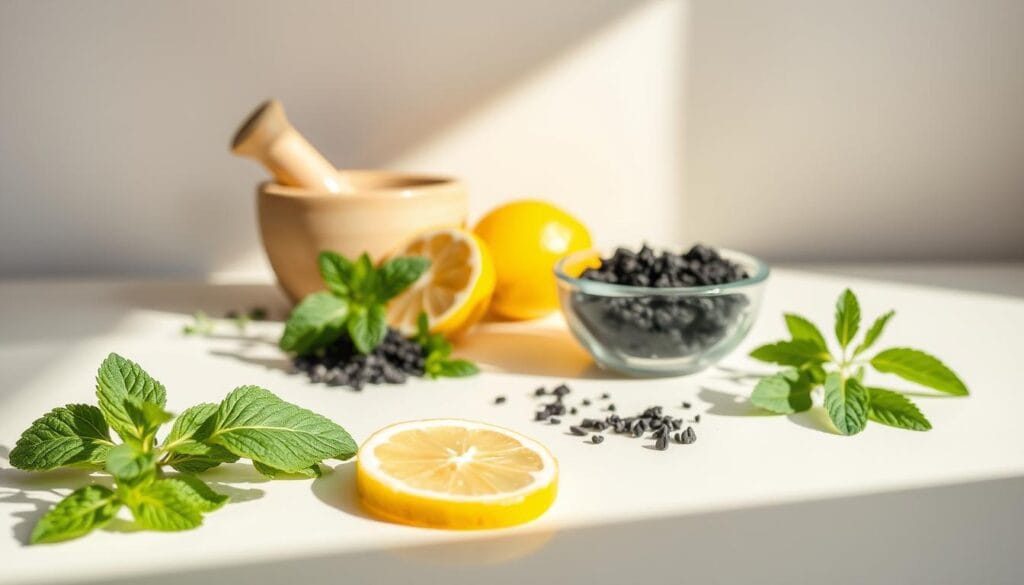 Dents blanches : astuces naturelles et soins efficaces 2 A serene, minimalist still life composition showcasing various natural teeth whitening remedies. In the foreground, arrange a selection of fresh herbs, such as peppermint, lemon slices, and activated charcoal. Place these elements on a smooth, off-white surface, illuminated by soft, natural lighting from the side. In the middle ground, position a traditional ceramic mortar and pestle, hinting at the process of preparing homemade dental treatments. The background should feature a simple, muted color palette, perhaps a soft gray or beige, to keep the focus on the natural ingredients. Capture this scene with a crisp, high-resolution lens, creating a sense of tranquility and wellness.