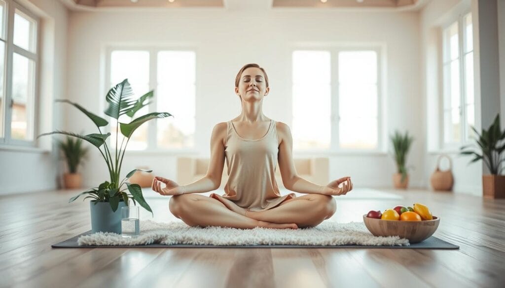 Pharamond Santé : services, avis et contact 3 A serene, well-balanced lifestyle depicted through a tranquil scene. In the foreground, a person sits cross-legged on a plush yoga mat, practicing mindful meditation with eyes closed and a serene expression. Surrounding them, an assortment of natural elements - a potted plant, a glass of water, and a bowl of fresh fruit - symbolize a holistic approach to health and wellness. The middle ground features a spacious, airy room with warm, natural lighting filtering in through large windows. In the background, a minimalist, zen-inspired decor creates a calming ambiance, inviting a sense of balance and equilibrium. The overall composition conveys a harmonious lifestyle focused on physical, mental, and emotional wellbeing.