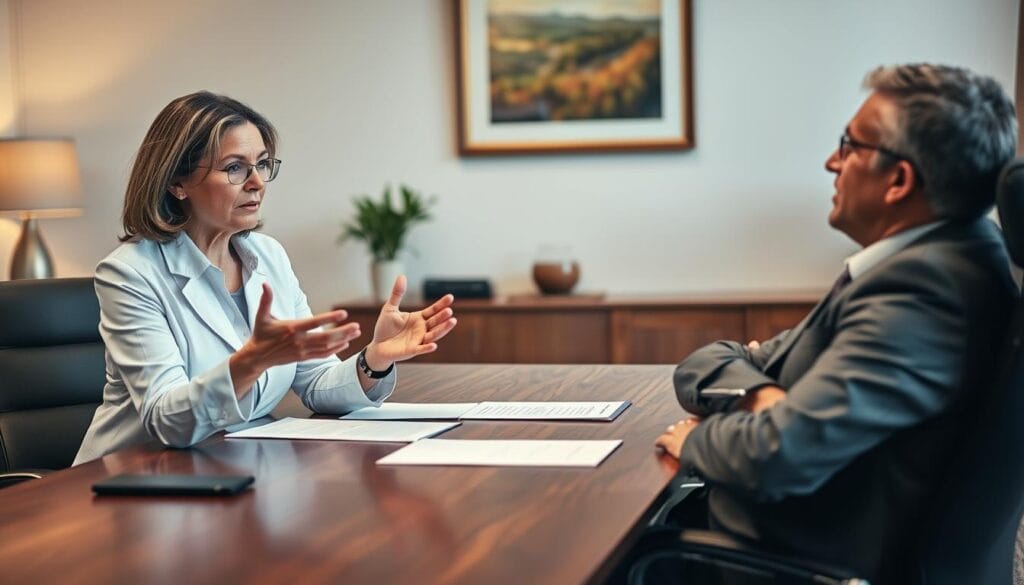 Salaire ergothérapeute 2025 : grille, évolution et primes 3 A serious-looking occupational therapist in a professional setting, negotiating a salary agreement with a corporate executive across a wooden desk. The therapist is gesturing with their hands, while the executive is leaning back in their chair, arms crossed, in a contemplative pose. The scene is well-lit, with a warm, neutral color palette and a subtle depth of field, drawing the viewer's attention to the negotiation dynamic. The background features tasteful office decor, suggesting an upscale, corporate environment. The overall atmosphere conveys a sense of professionalism, focus, and high-stakes decision-making.