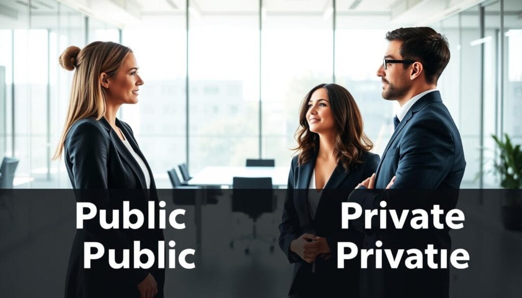 Salaire ergothérapeute 2025 : grille, évolution et primes 1 A side-by-side comparison of salaries for occupational therapists in the public and private sectors, set against a backdrop of a modern, minimalist office environment. The foreground features two well-dressed professionals, one representing the public sector and the other the private, engaged in a thoughtful discussion. The middle ground showcases a sleek, glass-walled conference room, with sunlight streaming in through large windows. The background subtly depicts the contrast between the two employment settings, with the public side portraying a more traditional, government-style office, and the private side exuding a more contemporary, startup-inspired aesthetic. The overall composition conveys a sense of professional dialogue and the nuances of compensation in the occupational therapy field.