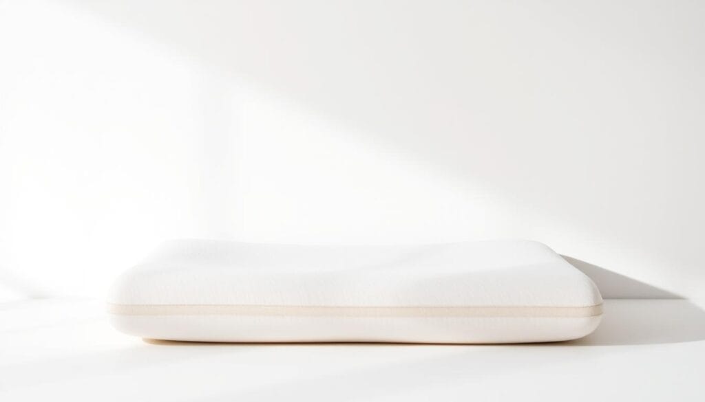 Coussin Derila : notre avis sur le confort et le maintien 1 A sleek, ergonomic memory foam cushion rests against a minimalist, light-colored background. The cushion's soft, contouring shape is highlighted by directional studio lighting, casting subtle shadows that accentuate its supportive design. The material appears plush and inviting, with a subtle sheen that conveys its high-quality craftsmanship. The overall composition is clean and serene, allowing the cushion to be the central focus, showcasing its ability to provide comfortable, personalized support.