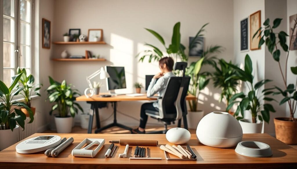 Ergothérapeute près de chez moi : annuaire et tarifs 2 A tranquil home office scene with a person sitting at a desk, deep in thought, surrounded by plants and natural light. The walls are adorned with soothing pastel colors, and the desk features ergonomic equipment that promotes good posture and comfort. In the foreground, a series of therapeutic tools and devices are neatly arranged, hinting at the benefits of occupational therapy. The overall atmosphere is one of calm, focus, and a sense of well-being, reflecting the holistic approach of ergotherapy.