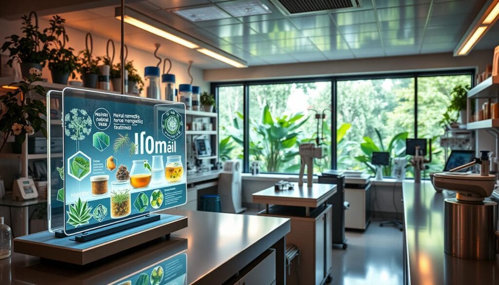 Pharamond Santé : services, avis et contact 2 A vibrant, modern laboratory filled with natural, innovative medical equipment. In the foreground, a sleek, holographic display showcases herbal remedies and naturopathic treatments. The middle ground features an array of cutting-edge diagnostic tools, their metal casings gleaming under warm, indirect lighting. In the background, a panoramic window offers a view of lush, verdant gardens, hinting at the grounding, natural elements that inspire this laboratory's groundbreaking work. The overall atmosphere conveys a sense of progressive, holistic healthcare - where ancient wisdom meets avant-garde technology.