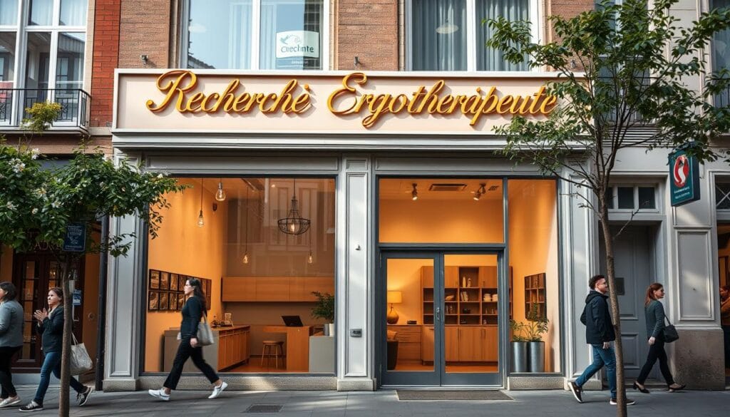 Ergothérapeute près de chez moi : annuaire et tarifs 1 A vibrant street scene in a bustling urban neighborhood, with the storefront of a local occupational therapy practice prominently featured. The facade is adorned with a warm, inviting sign that reads "Recherche Ergothérapeute" in elegant cursive lettering. Through the large windows, one can glimpse the interior of the clinic, where a welcoming reception area and cozy treatment rooms can be seen. The scene is bathed in soft, natural lighting, creating a calming and professional atmosphere. The sidewalk in front of the practice is dotted with pedestrians going about their day, adding a sense of liveliness to the image. The overall composition conveys a sense of accessibility and community, inviting the viewer to explore the services of this local healthcare provider.