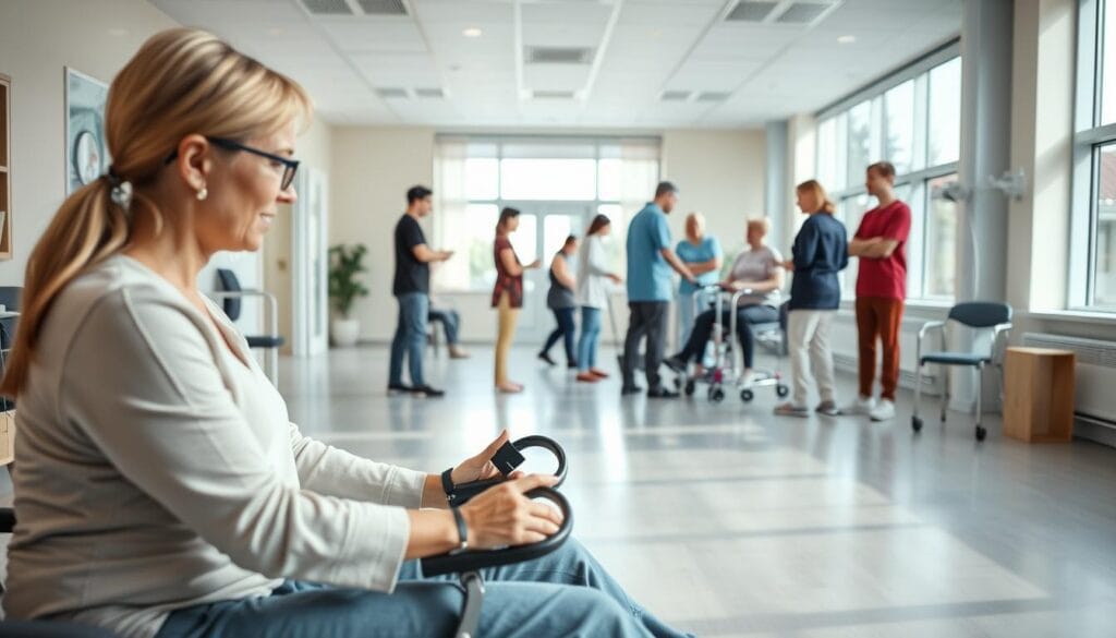 Études d'ergothérapeute : cursus, admission et débouchés 3 A well-lit, airy medical clinic setting, showcasing the various stages of occupational therapy. In the foreground, a patient and therapist engaged in a hands-on treatment session, utilizing specialized equipment and assistive devices. The middle ground features a group of patients collaborating in a rehabilitation exercise, guided by attentive therapists. In the background, a modern, clean-lined interior with large windows, allowing natural light to flood the space, creating a calming, therapeutic atmosphere. The scene conveys a sense of progress, empowerment, and the collaborative nature of the occupational therapy journey.