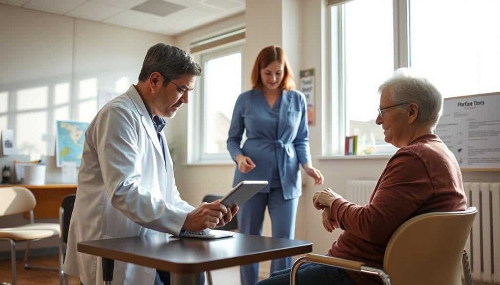 Anosognosie : définition, causes et prise en charge 3 A well-lit, clinical interior setting featuring a patient undergoing cognitive rehabilitation therapy. In the foreground, a middle-aged person sits at a desk, engaged in a series of cognitive exercises on a tablet device, guided by a supportive therapist standing nearby. The room is filled with natural light streaming through large windows, creating a warm, inviting atmosphere. On the walls, inspirational visual aids and information boards related to cognitive therapy techniques are displayed. The overall scene conveys a sense of hope, progress, and the collaborative nature of the rehabilitation process.