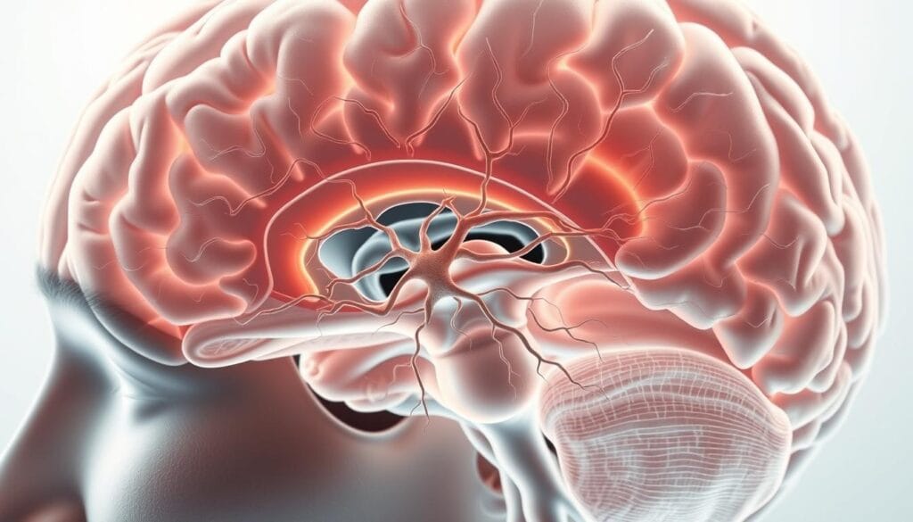 Hémianopsie latérale homonyme : causes et rééducation 1 Causes of homonymous hemianopsia, a detailed anatomical illustration. A meticulously rendered cross-section of the human brain, depicting the key neural pathways and structures involved in the disorder. Crisp, high-resolution details highlighting the optic chiasm, lateral geniculate nucleus, and occipital lobe. Soft, natural lighting illuminates the intricate neural network, allowing clear visualization of the underlying mechanisms. A clean, clinical aesthetic with a subtle sense of depth, emphasizing the complexity of the neurological system. Precise, technical accuracy combined with a aesthetically pleasing, medical illustration style.