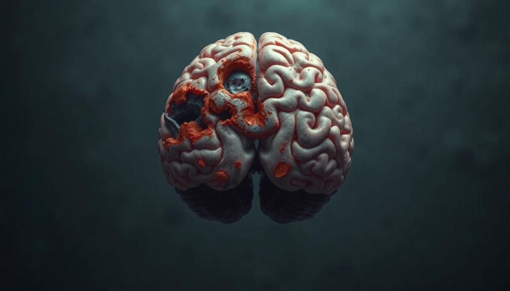 Syndrome dysexécutif : symptômes, causes et prise en charge 2 Prompt A detailed cross-section of the human brain, showcasing the intricate structures and regions affected by traumatic brain injury. The image should convey a sense of vulnerability and fragility, with the brain delicately suspended against a somber, muted background. Highlights should include the damaged areas, subtle discoloration, and disrupted neural pathways, all rendered with a high degree of anatomical accuracy and scientific precision. The lighting should be soft and diffused, creating a contemplative, introspective atmosphere that complements the subject matter. The camera angle should be slightly elevated, providing a comprehensive view of the brain's internal architecture and the impact of traumatic forces.