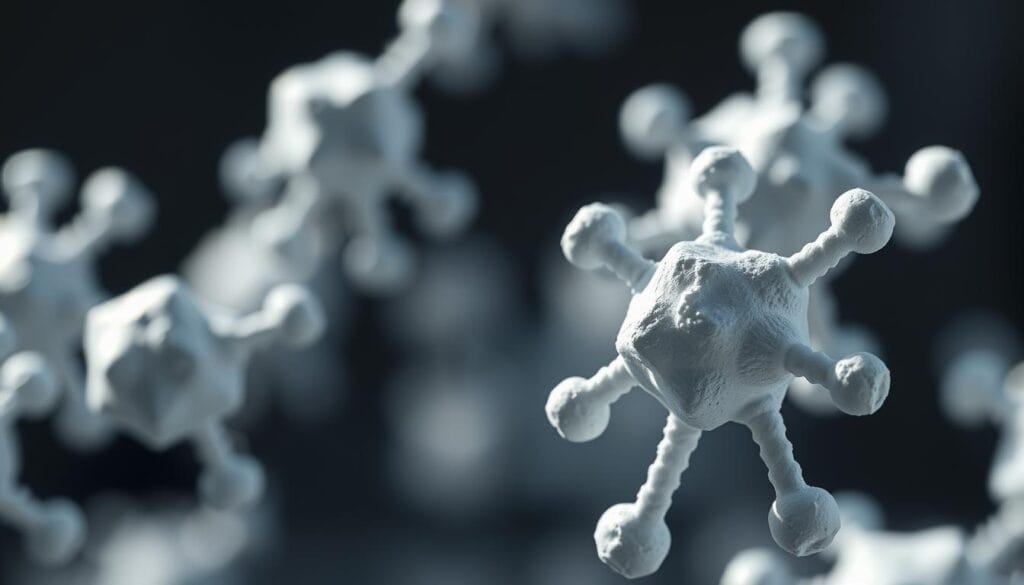 Mélatonine : quelle dose maximale respecter ? 1 A close-up, high-resolution rendering of crystalline molecular structures representing melatonin, the primary sleep-regulating hormone. The forms are depicted with a tactile, realistic texture, illuminated by soft, directional lighting that casts gentle shadows, creating a sense of depth and dimensionality. The composition places the melatonin structures in the foreground, with a minimalist, blurred background that allows the subject to be the central focus. The overall tone is one of scientific precision and visual elegance, reflecting the importance of understanding the optimal dosage and administration of this essential neurochemical.