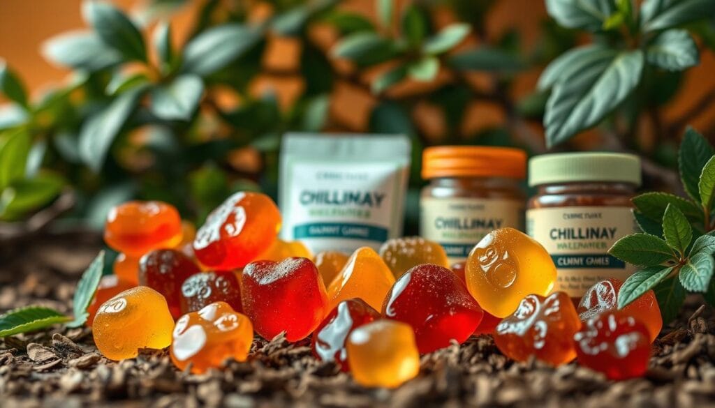 Bears with Benefits : notre test des gummies bien-être 2 A close-up photograph of a collection of high-quality, artisanal wellness gummies in a natural, earthy setting. The gummies are arranged in an appealing, aesthetically-pleasing manner, with a soft, diffused lighting highlighting their vibrant colors and organic, handcrafted textures. The background features lush, verdant foliage and a warm, inviting color palette, conveying a sense of harmony, balance, and wellness. The overall composition and styling suggest a premium, luxury product that embodies the benefits of nature and mindful self-care.
