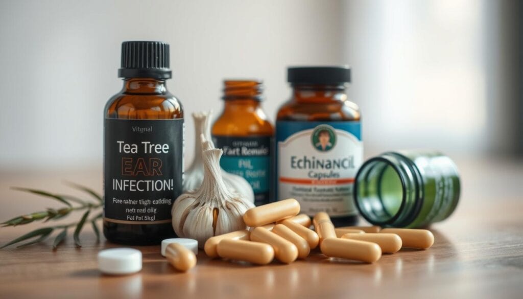 Otite : soulagement naturel avec l’huile tea tree 2 A close-up photograph of a selection of natural remedies for ear infections, including tea tree oil, garlic cloves, and echinacea capsules, arranged on a wooden surface with soft, natural lighting from the side. The items are displayed against a blurred, out-of-focus background, creating a sense of focus and emphasis on the natural healing ingredients. The overall mood is calming and reassuring, reflecting the soothing, holistic approach to treating ear infections.