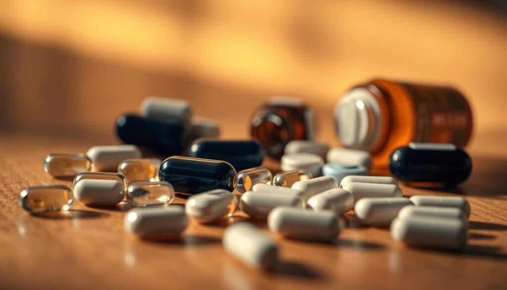 Mélatonine : quelle dose maximale respecter ? 2 A close-up photograph of several melatonin supplement capsules and tablets on a wooden surface, illuminated by soft, warm lighting. The capsules and tablets are arranged in an aesthetically pleasing manner, with some in focus and others slightly blurred, creating a sense of depth. The lighting casts gentle shadows, adding depth and dimension to the scene. The overall mood is calming and serene, reflecting the restorative benefits of melatonin for sleep. The image captures the essential elements of melatonin supplementation in a visually compelling way.