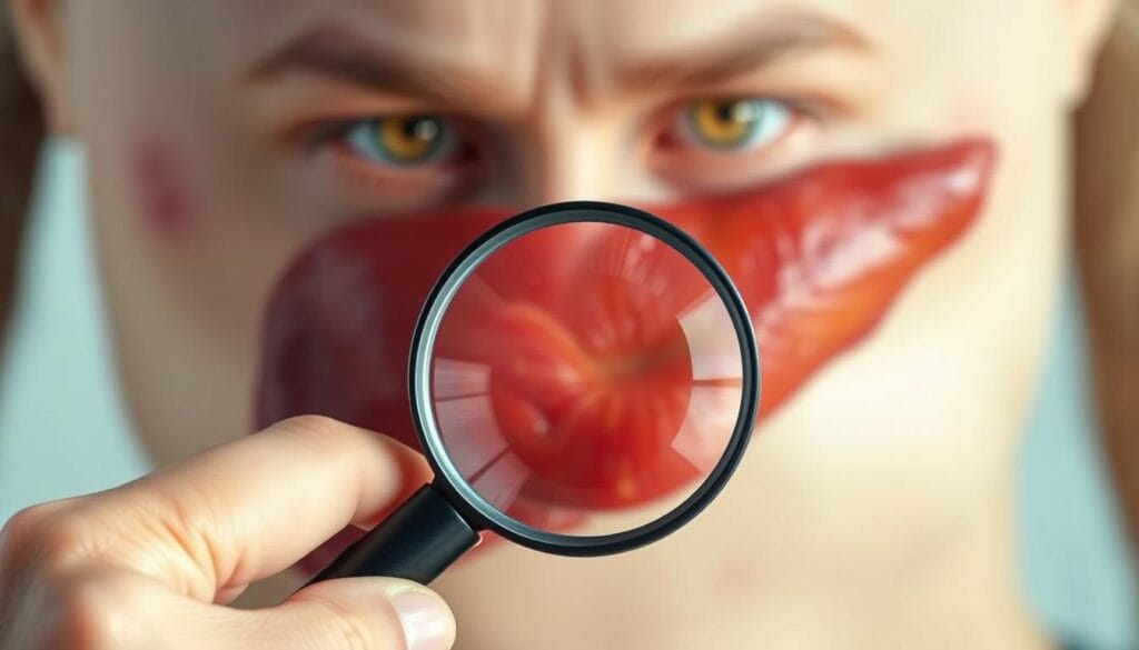 7 signes d'un foie malade : symptômes à reconnaître 2 A close-up shot of a human hand holding a magnifying glass against a liver with visible signs of jaundice. The skin has a distinctive yellow hue, and the whites of the eyes also exhibit a yellowish tint. The image is captured in soft, natural lighting, with a shallow depth of field that keeps the hand and liver in sharp focus while blurring the background. The composition emphasizes the connection between the hand, the magnifying glass, and the affected liver, conveying a sense of medical examination and diagnosis. The overall mood is one of concern and the need for deeper investigation into the liver's health.