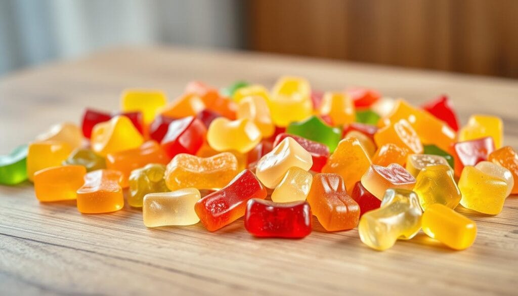 Slimms Gummies : bonbons minceur efficaces ? 2 A close-up shot of a wooden table showcasing a variety of brightly colored gummy candies in various shapes and sizes, arranged in an appealing and organized manner. The candies appear to be infused with natural slimming ingredients, exuding a sense of healthiness and efficacy. The lighting is soft and diffused, creating a warm and inviting atmosphere. The camera angle is slightly elevated, providing a clear and detailed view of the products. The background is blurred, keeping the focus on the foreground and emphasizing the centrality of the gummy candies.