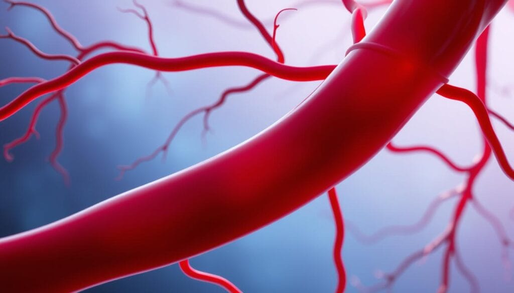 Erexol : que vaut ce complément pour hommes ? 2 A close-up view of a healthy human circulatory system, showcasing the intricate network of blood vessels and arteries in a vivid, lifelike manner. The foreground depicts the main blood vessels, rendered with precision and attention to anatomical detail, pulsing with a warm, reddish glow that suggests the flow of oxygenated blood. The middle ground features a subtler representation of the smaller capillaries, creating a delicate, web-like structure that extends throughout the composition. In the background, a soft, hazy gradient of blues and purples evokes a sense of depth and the larger physiological context, providing a calming, serene atmosphere. The overall image conveys the beauty and complexity of the circulatory system, emphasizing its vital role in maintaining sexual health and well-being.